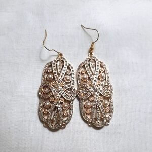 Elegant Gold and Mini White Beads & Rhinestones Dangle Earrings